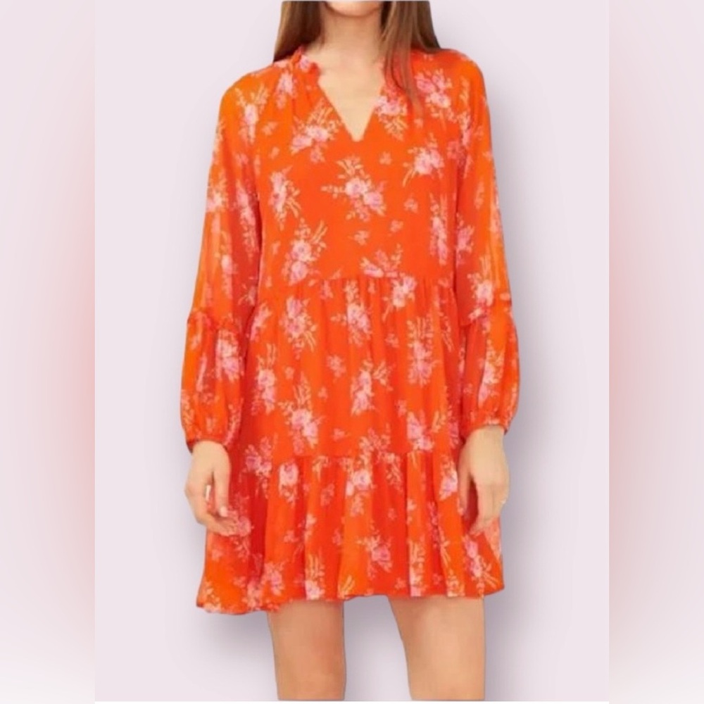 Vince Camuto Floral Tiered Mini Dress Orange/Pink Size Small NWT